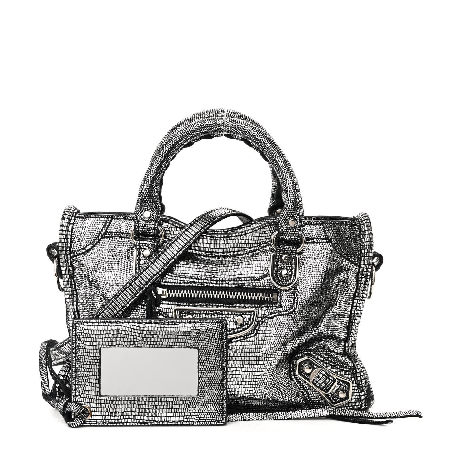 Metallic Calfskin Lizard Embossed Silver Metallic Edge Hardware Nano City Silver