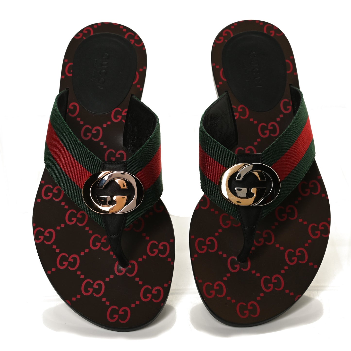 Nylon Calfskin Web GG Monogram Womens Thong Sandals 36 Green Red Cocoa