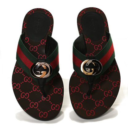 Gucci Nylon Calfskin Web GG Monogram Womens Thong Sandals 36 Green Red Cocoa 5 of 11