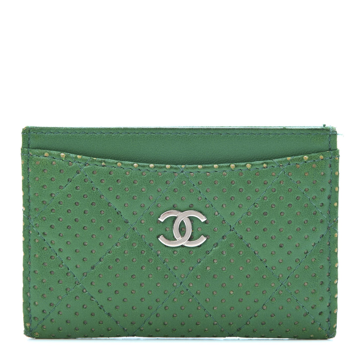 Perforated Lambskin Quilted Card Holder Green