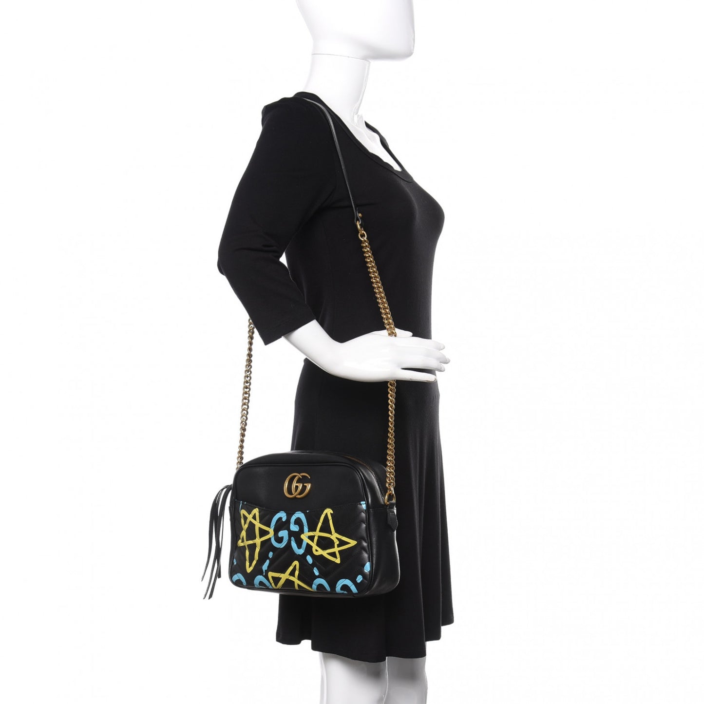 Calfskin Matelasse GucciGhost Medium GG Marmont Chain Shoulder Bag Black New Acquamarine