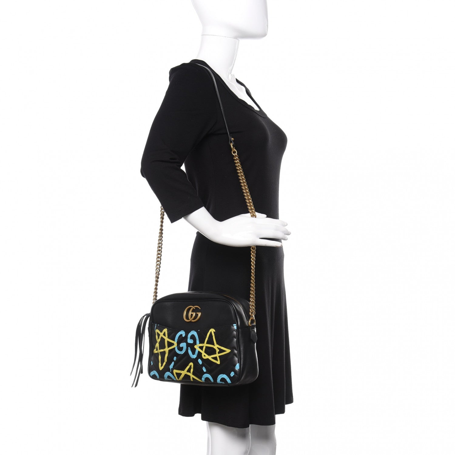 Gucci Calfskin Matelasse GucciGhost Medium GG Marmont Chain Shoulder Bag Black New Acquamarine 2 of 10