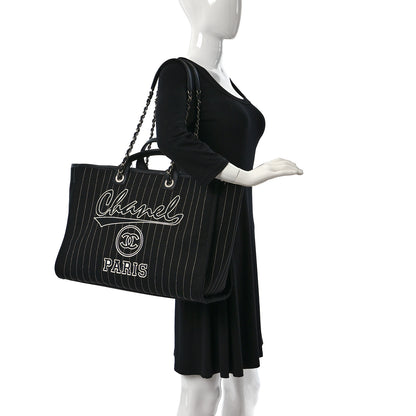 Chanel Canvas Calfskin Striped Large Deauville Tote Black White 2 of 10