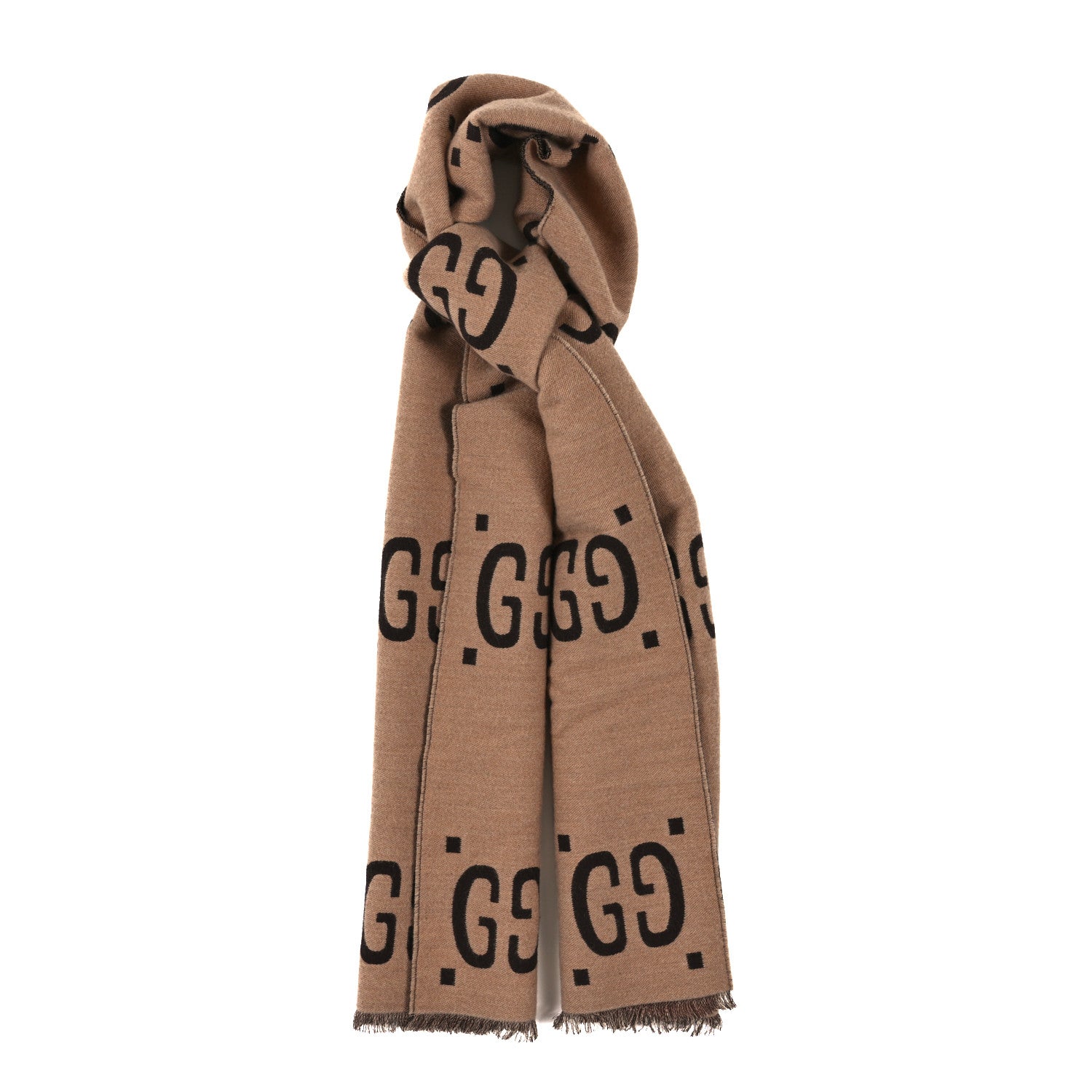 Gucci Wool Silk Monogram Jumbo GG Freedom Scarf Dark Brown Beige 1 of 3