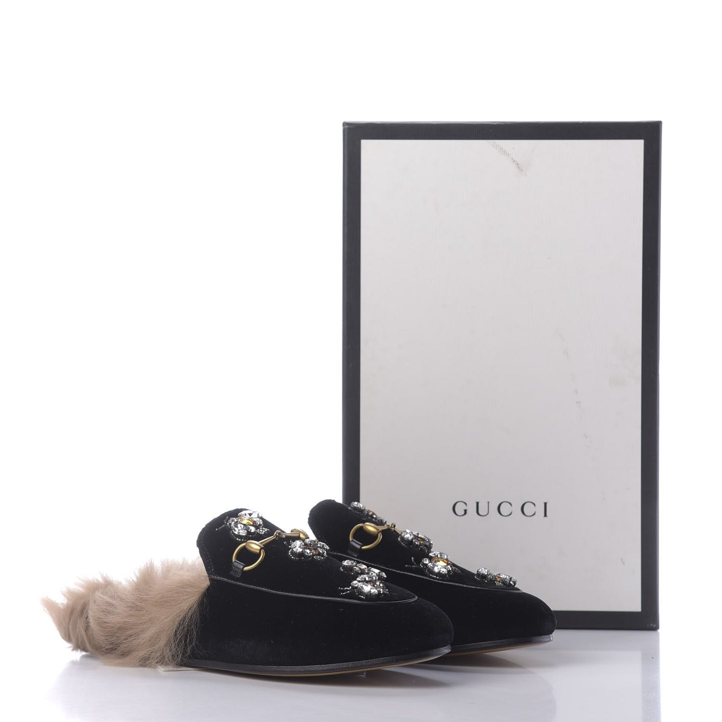 Velvet Fur Crystal Embroidered Womens Princetown Slippers 37.5 Black