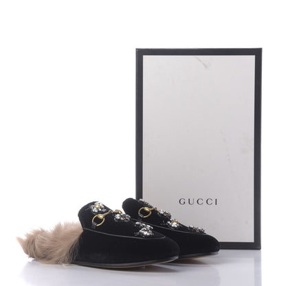 Gucci Velvet Fur Crystal Embroidered Womens Princetown Slippers 37.5 Black 9 of 9