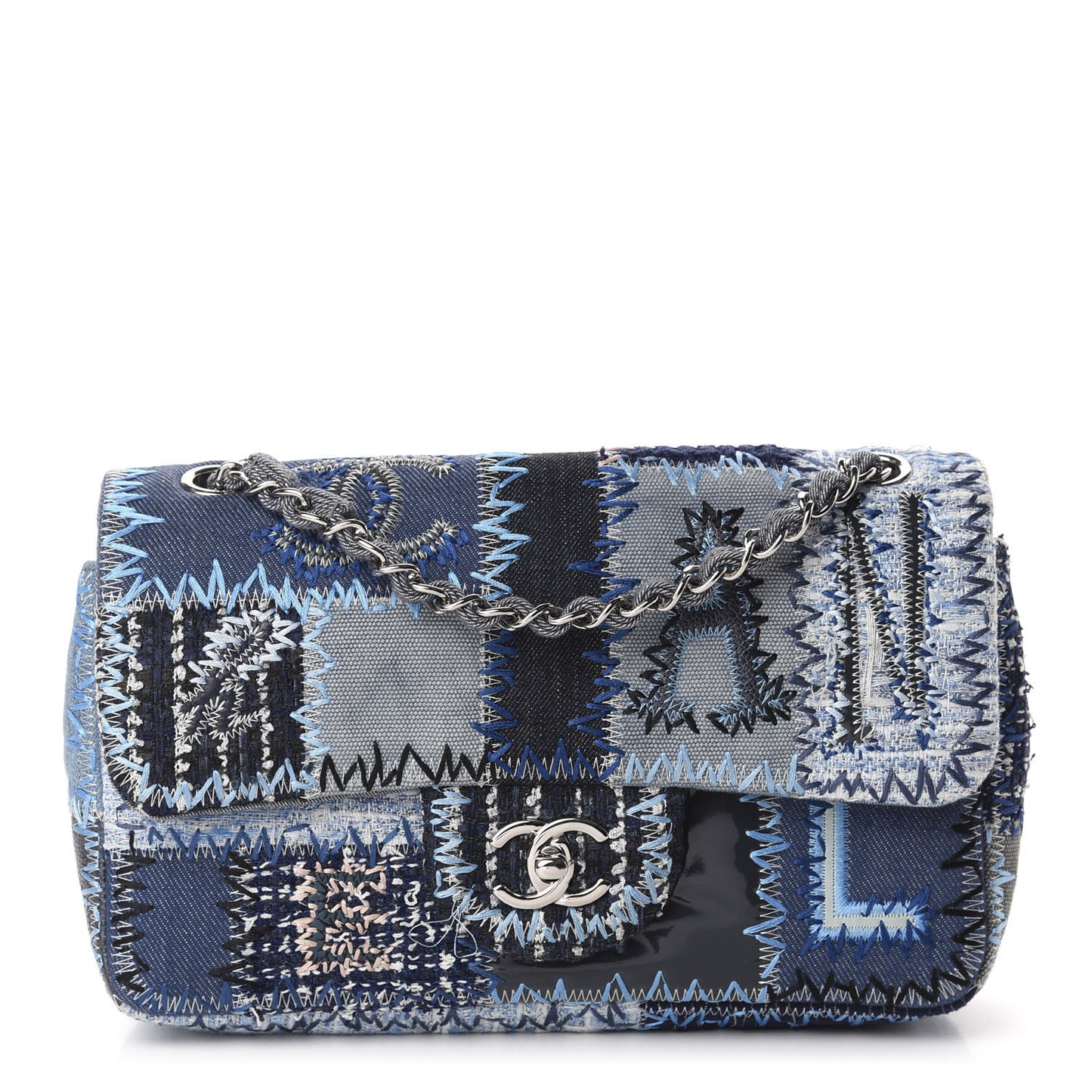 Denim Tweed Patchwork Medium Single Flap Blue
