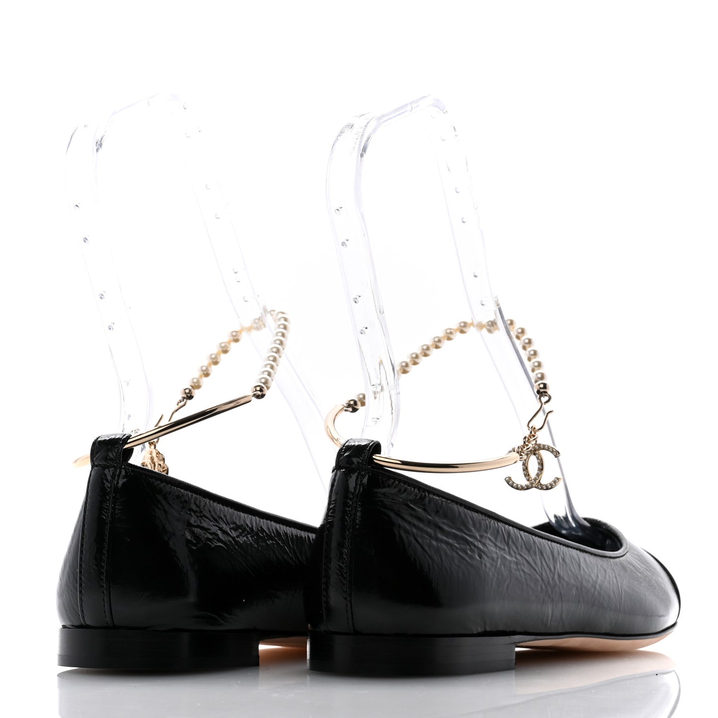 Lambskin Patent Calfskin Cap Toe Ankle Chain Ballerina Flats 38 Black
