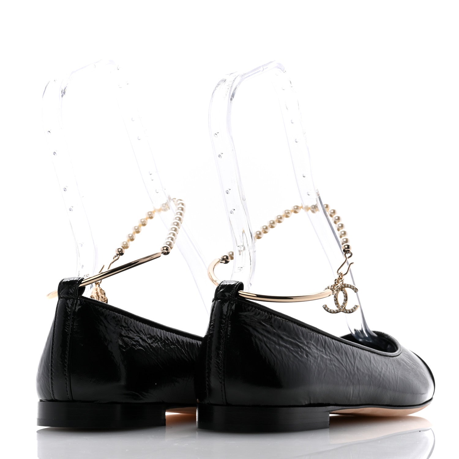 Chanel Lambskin Patent Calfskin Cap Toe Ankle Chain Ballerina Flats 38 Black 4 of 10