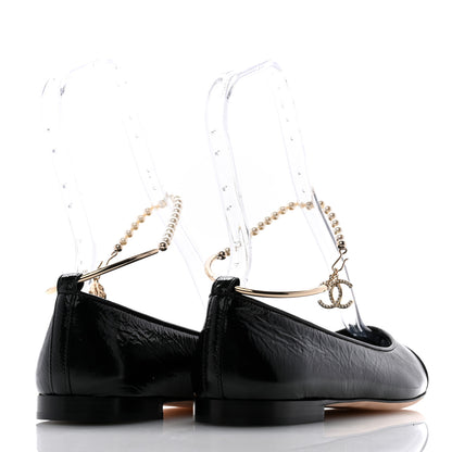 Chanel Lambskin Patent Calfskin Cap Toe Ankle Chain Ballerina Flats 38 Black 4 of 10