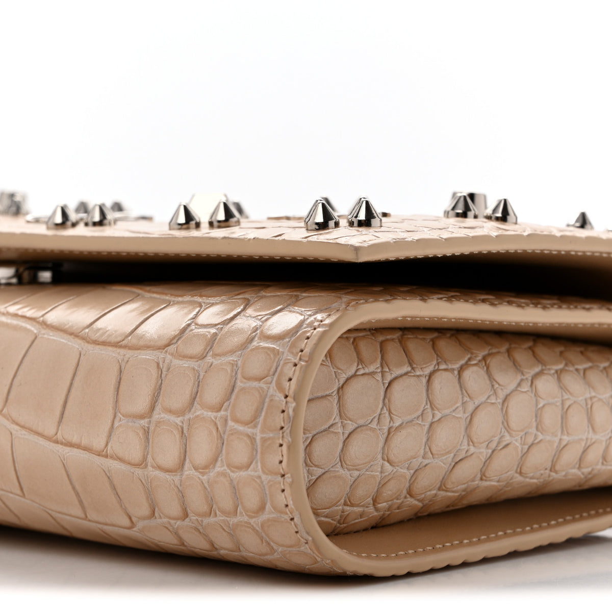 Calfskin Crocodile Embossed Spikes Loubinthesky Paloma Clutch Nougat