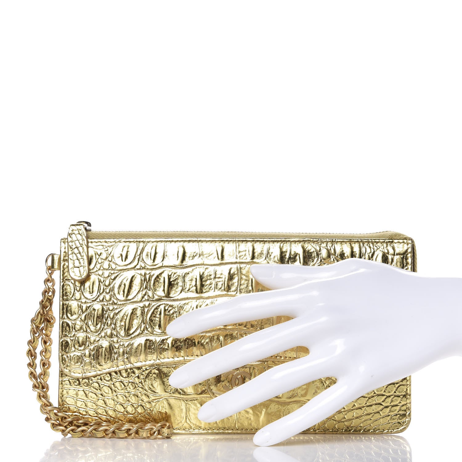 Chanel Calfskin Crocodile Embossed Cocodile Pouch With Chain Handle Gold 2 of 9