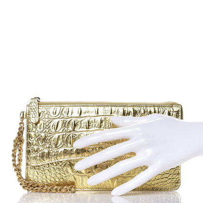 Chanel Calfskin Crocodile Embossed Cocodile Pouch With Chain Handle Gold 2 of 9