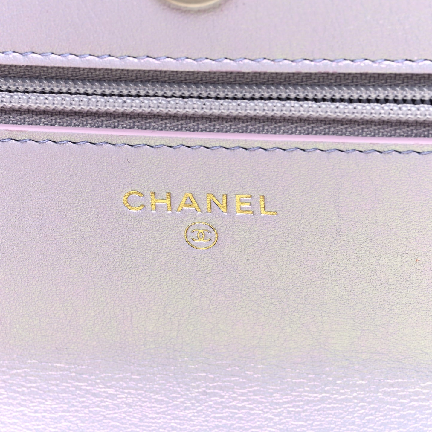 Iridescent Calfskin Quilted Chanel 19 Wallet On Chain WOC Light Purple