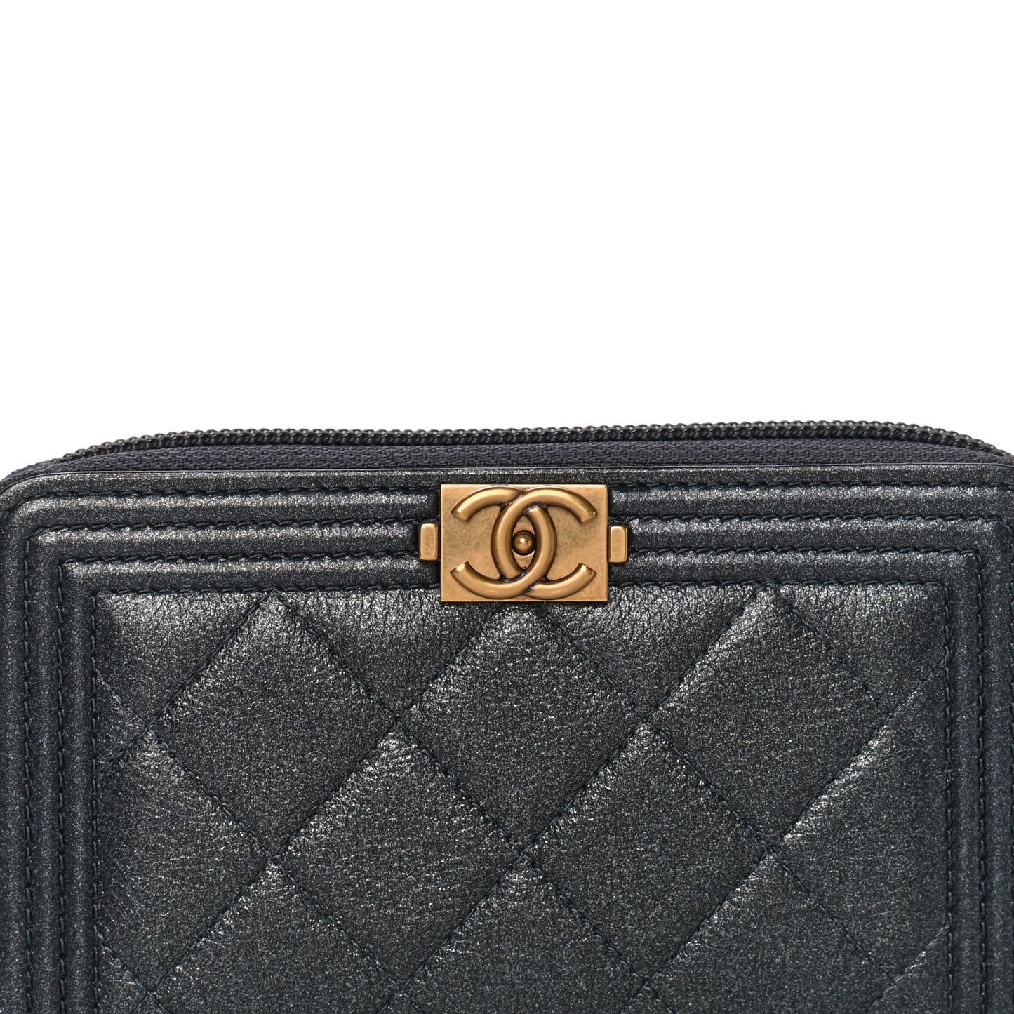 Metallic Calfskin Quilted Small Boy Zip Around Wallet Charcoal