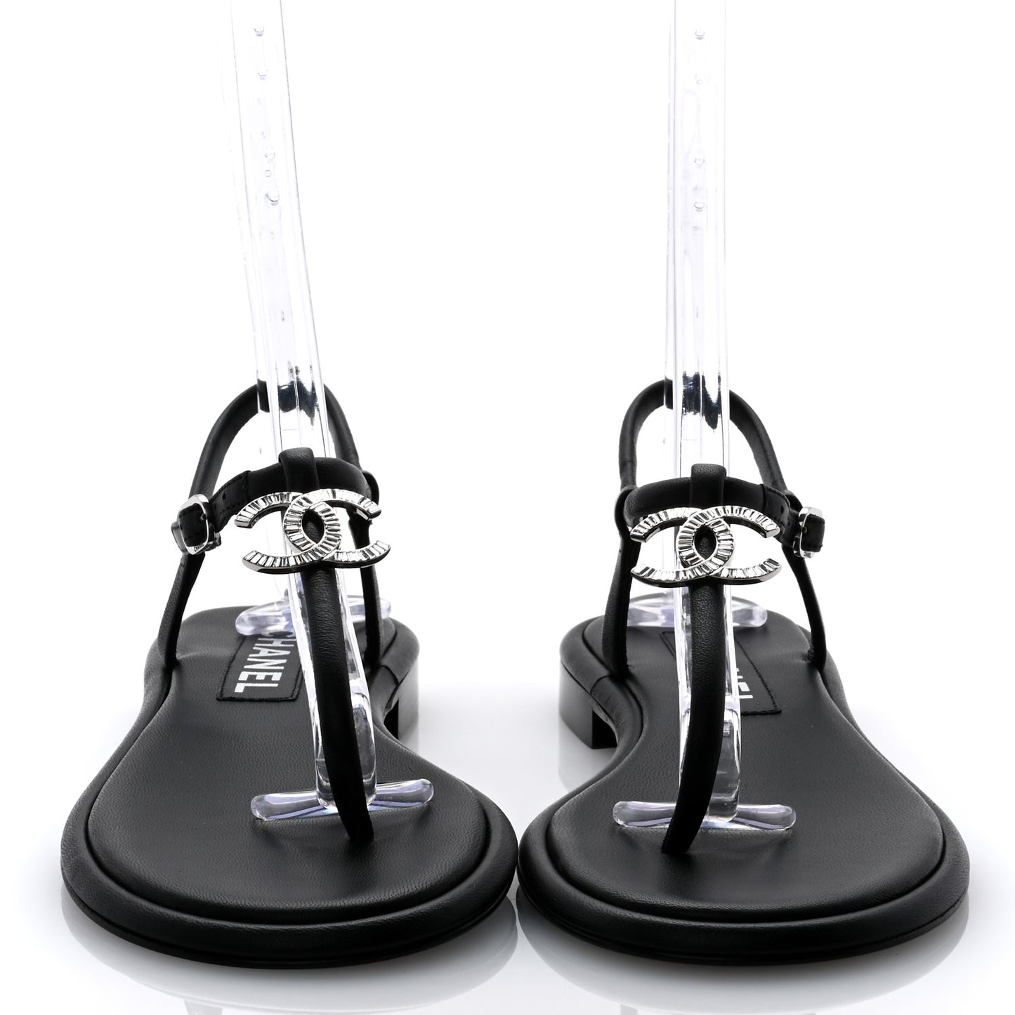 Lambskin Crystal Baguette CC Thong Sandals 38 Black