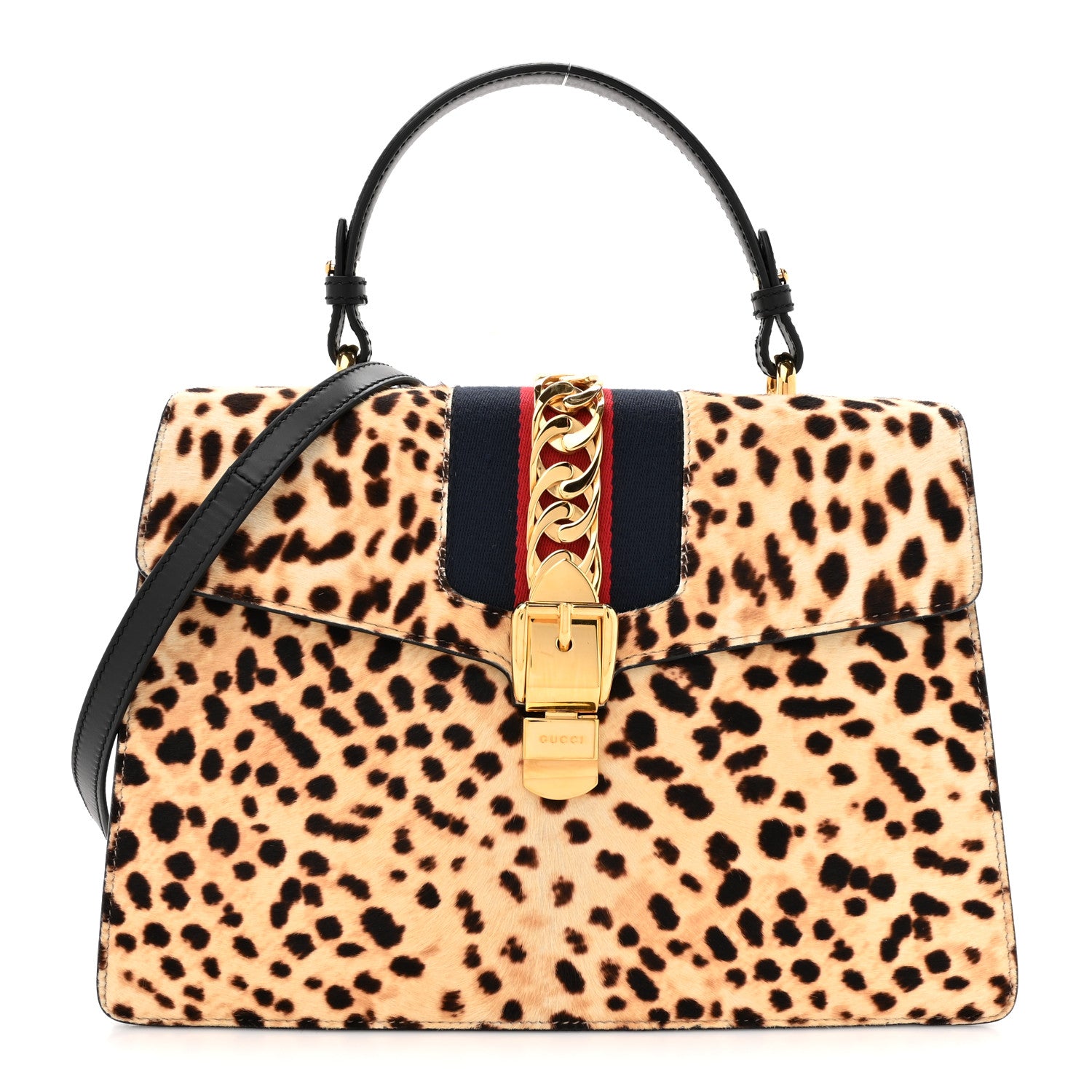 Gucci Calf Hair Leopard Print Medium Sylvie Top Handle Bag Naturale Black 1 of 14
