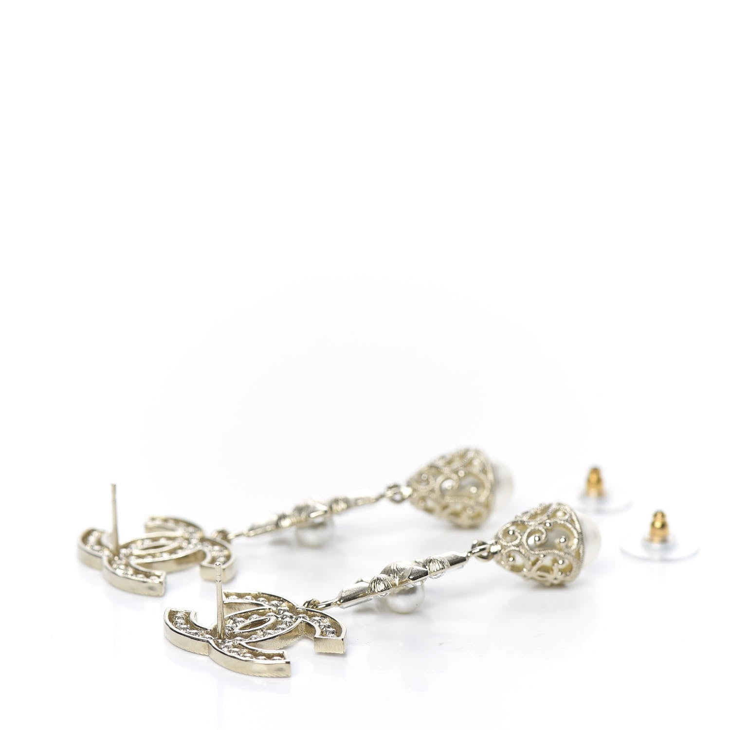 Chanel Crystal Baguette Pearl CC Cross Drop Earrings Gold 3 of 4
