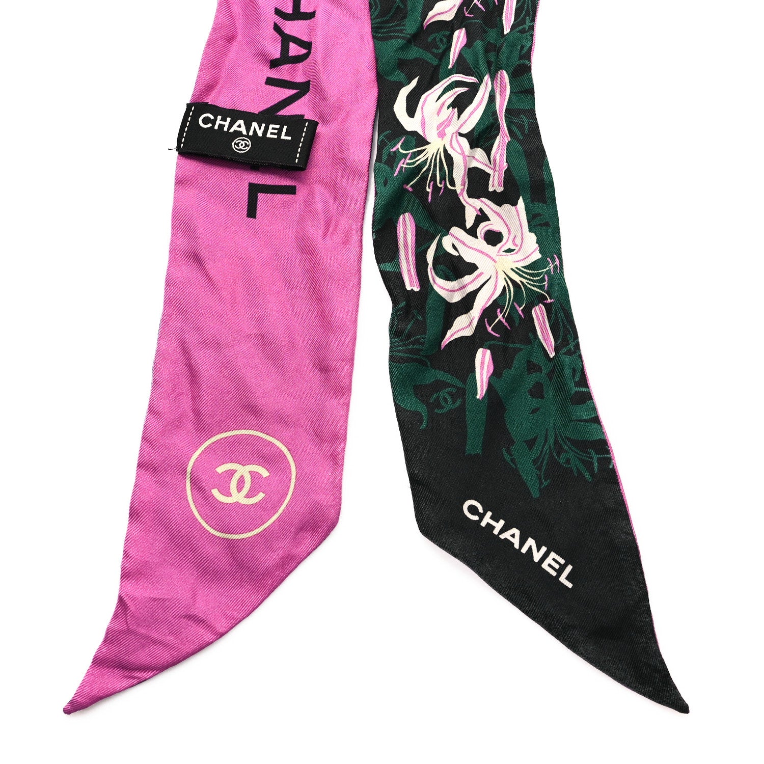 Chanel Silk CC Slim Bandeau Scarf Black Green Pink 2 of 4
