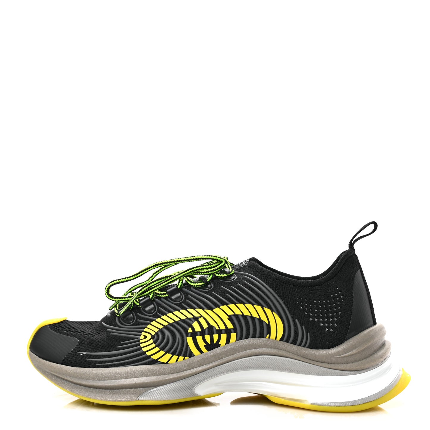 Technical Knit Fabric Waves Mens Gucci Run Sneakers 7.5 Black Silver Giallo Neon Yellow