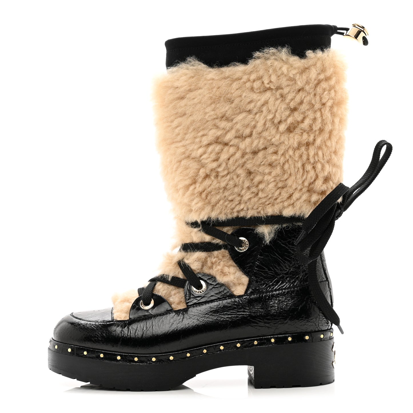 Shearling Crackled Sheepskin Chain Studded CC High Boot 36 White Black