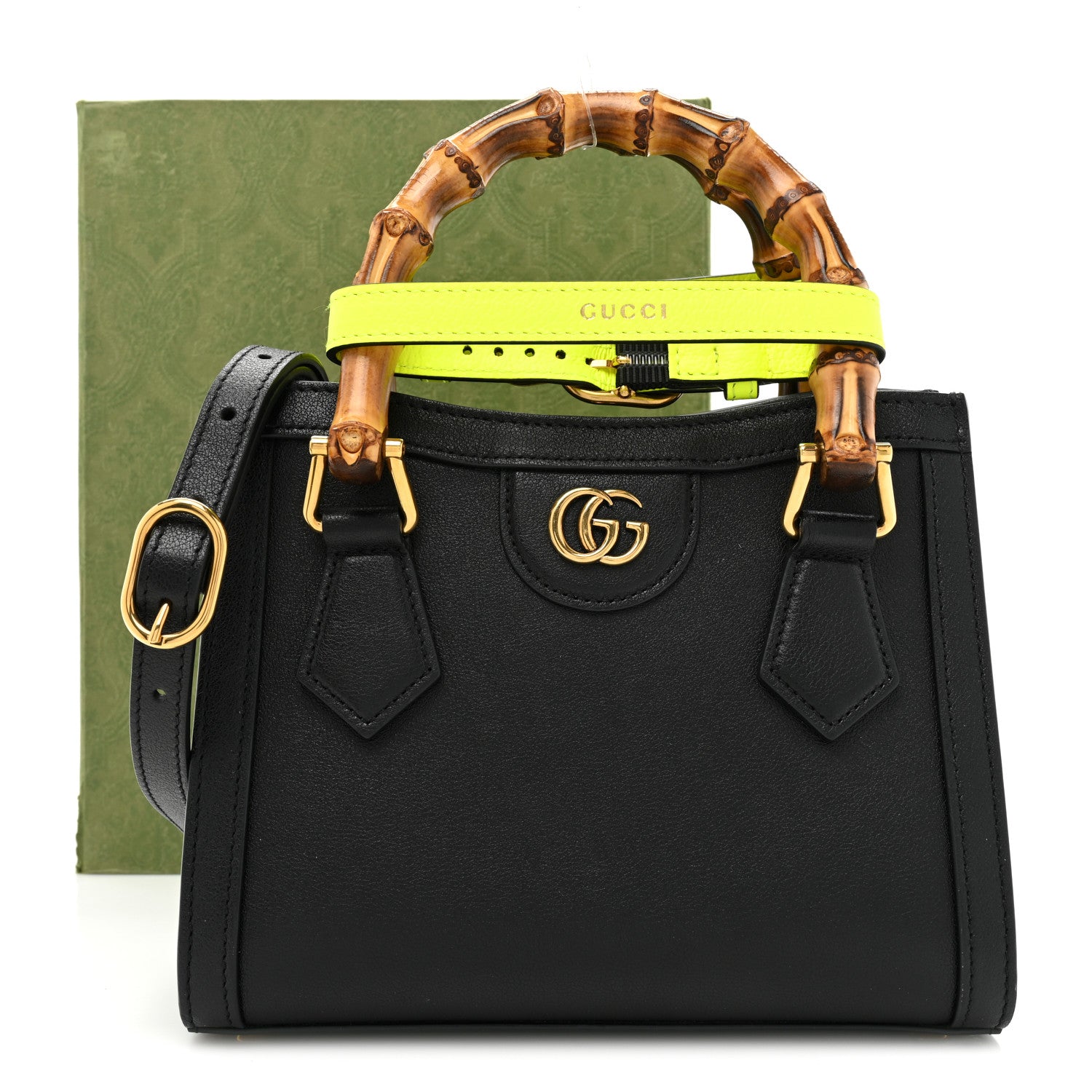 Gucci Wonka Grain Calfskin Mini Diana Tote Bag Black Yellow Fluo 13 of 13