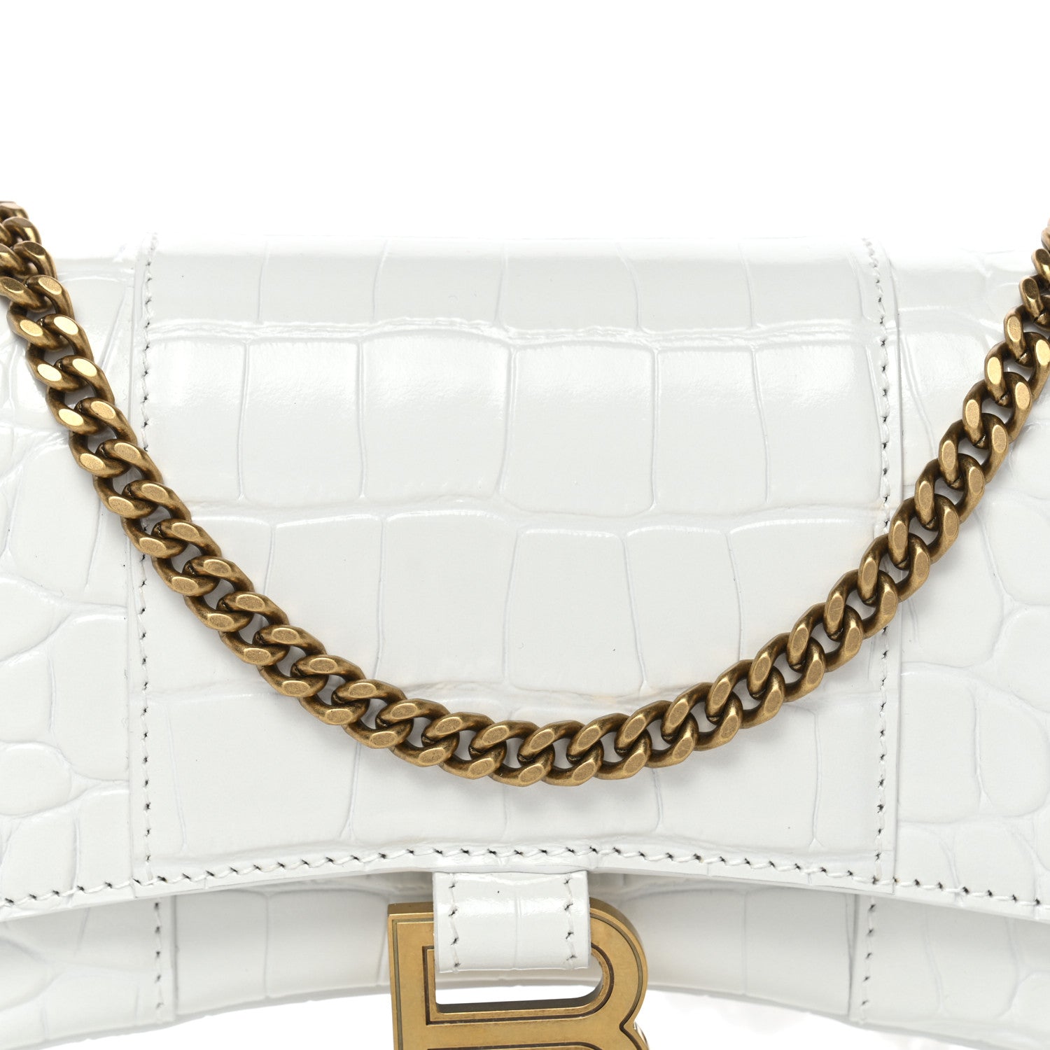 Balenciaga Shiny Calfskin Crocodile Embossed Hourglass Chain Bag White 8 of 10