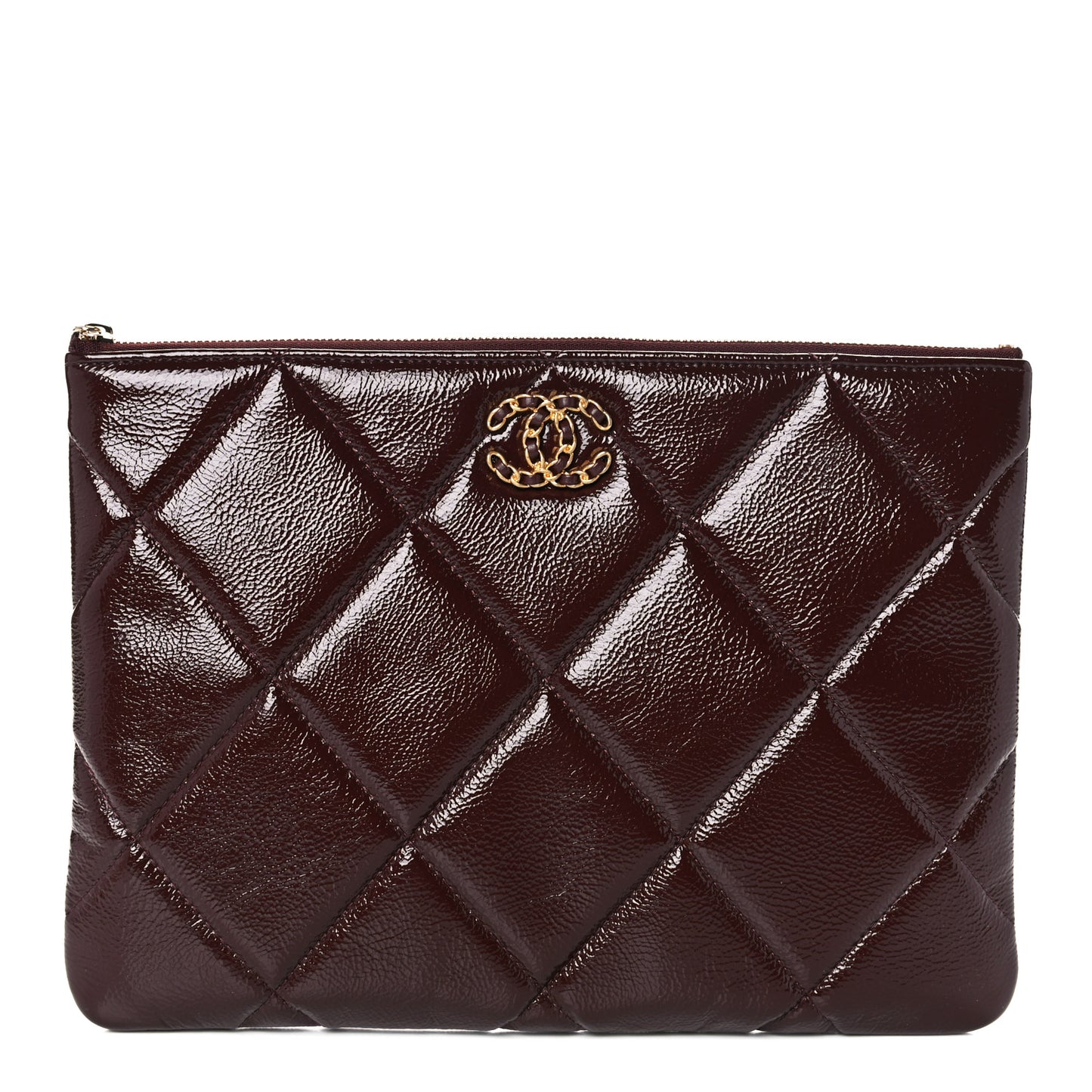 Shiny Crumpled Calfskin Large Chanel 19 Pouch Burgundy