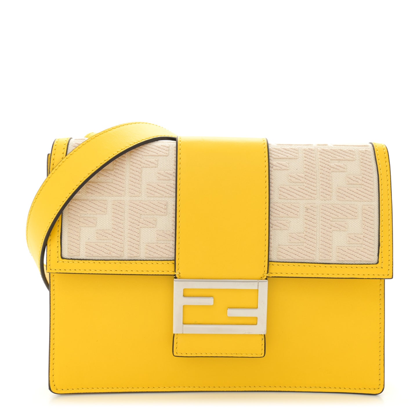 Canvas Vitello King FF Embroidered Medium Flat Baguette Grezzo Limone