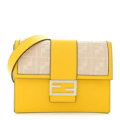 Fendi Canvas Vitello King FF Embroidered Medium Flat Baguette Grezzo Limone 1 of 13