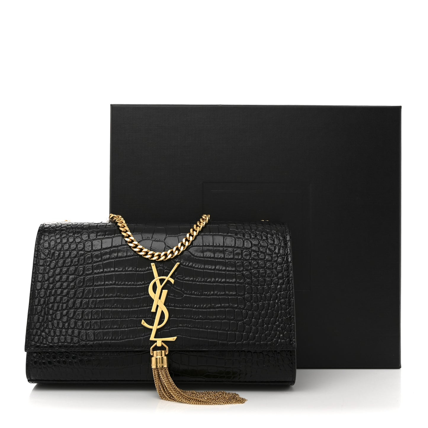 Calfskin Crocodile Embossed Medium Classic Monogram Kate Tassel Satchel Black