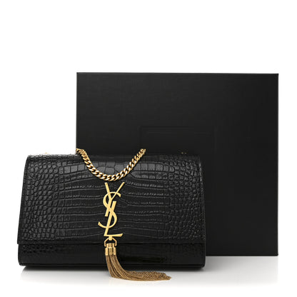 Saint Laurent Calfskin Crocodile Embossed Medium Classic Monogram Kate Tassel Satchel Black 11 of 11