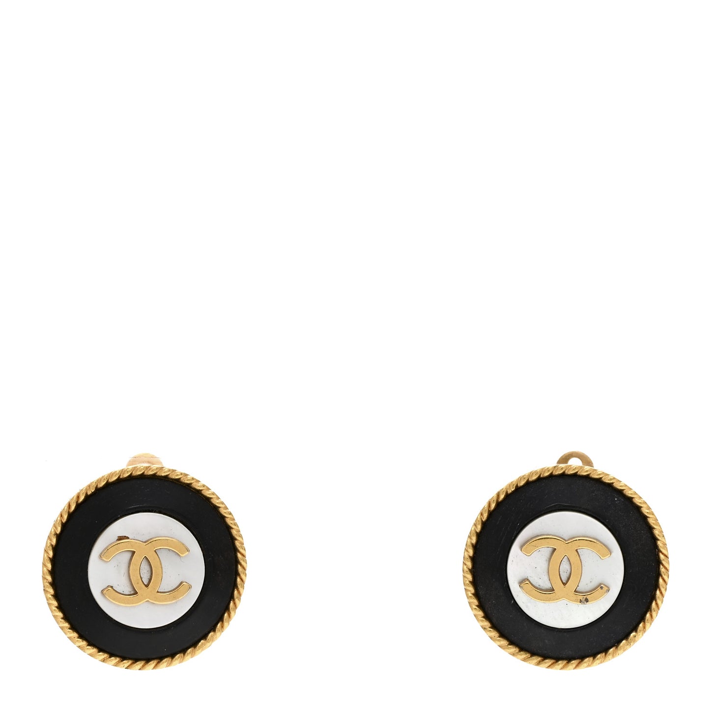 Metal CC Mother of Pearl and Wood Clip On Earrings Gold