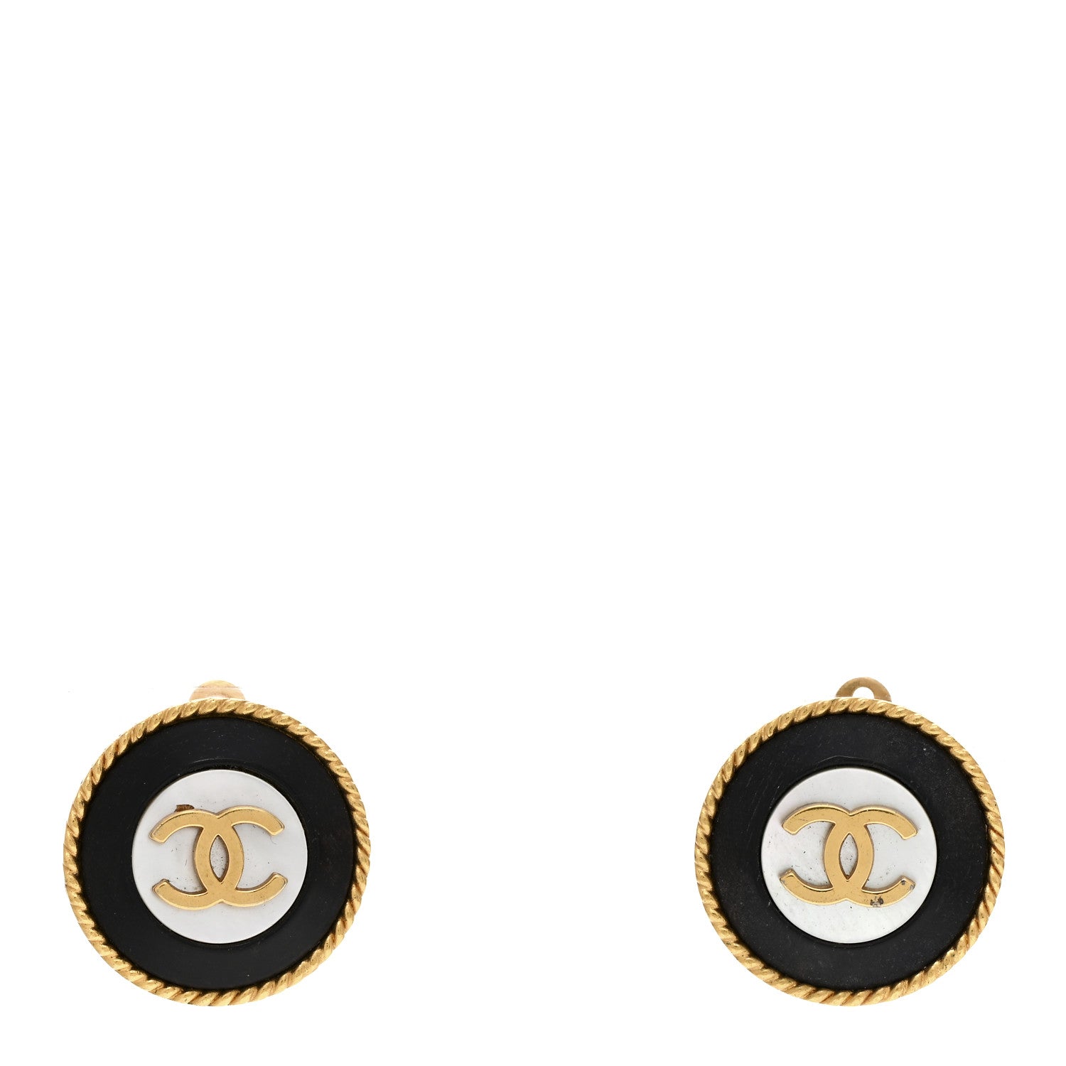 Chanel Metal CC Mother of Pearl and Wood Clip On Earrings Gold 1 of 4