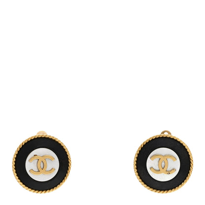 Chanel Metal CC Mother of Pearl and Wood Clip On Earrings Gold 1 of 4