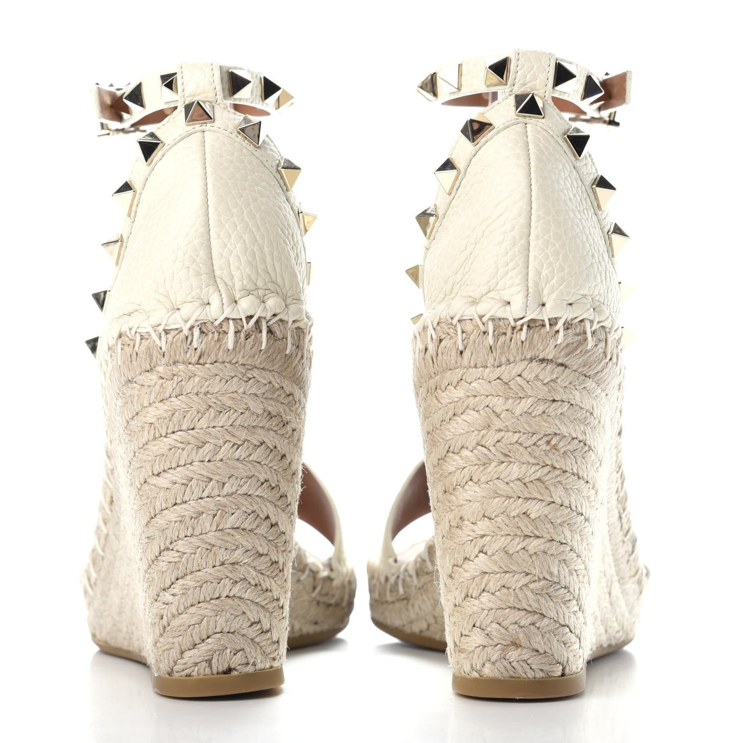 Grained Calfskin Rockstud Ankle Strap Espadrille 15/105mm Wedge Sandals 37 Light Ivory Natural