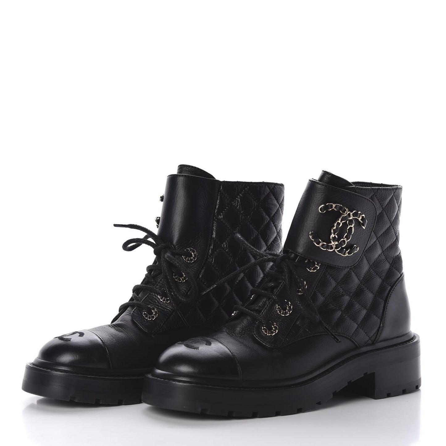 Shiny Goatskin Calfskin Quilted Lace Up Combat Boots 36 Black