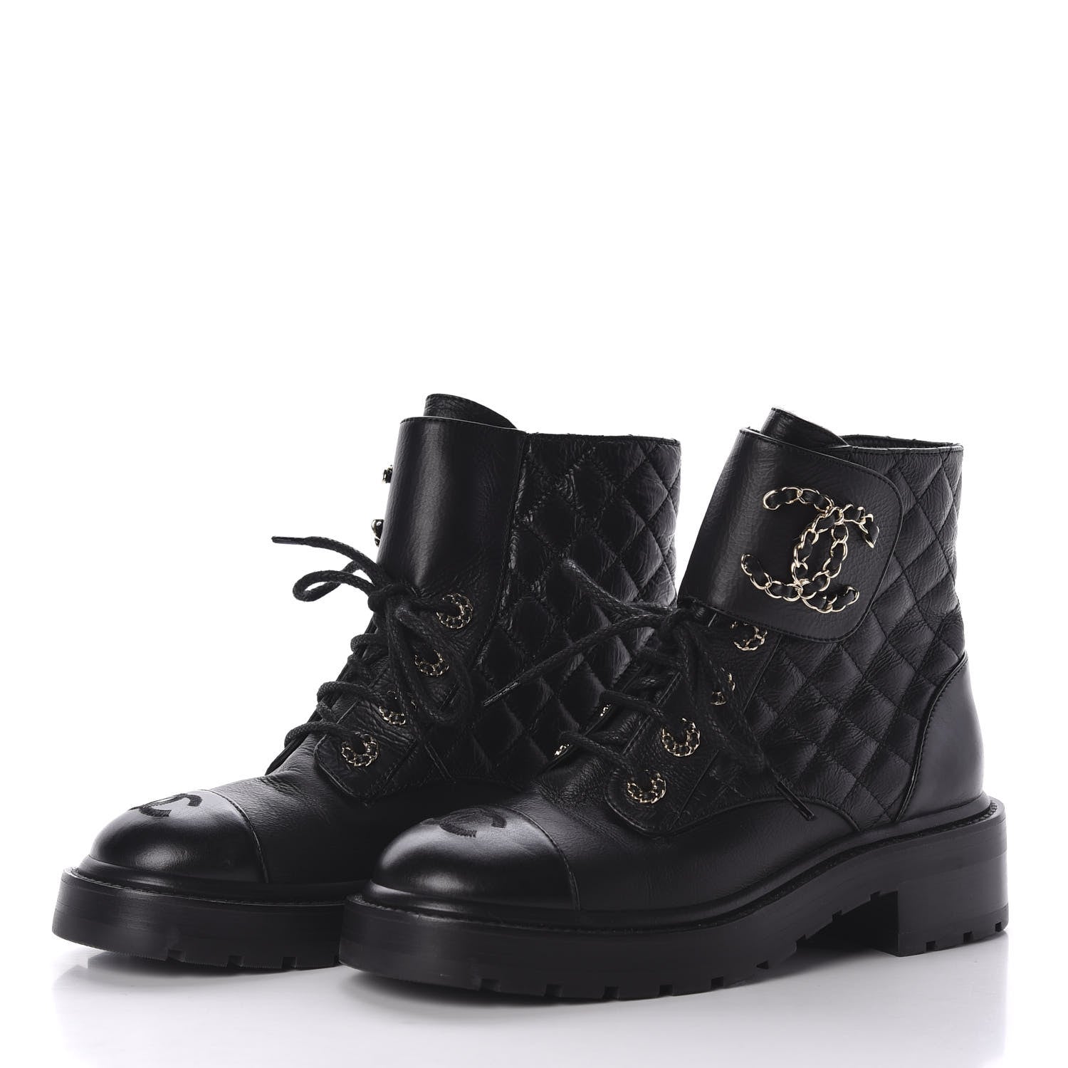 Chanel Shiny Goatskin Calfskin Quilted Lace Up Combat Boots 36 Black 2 of 8