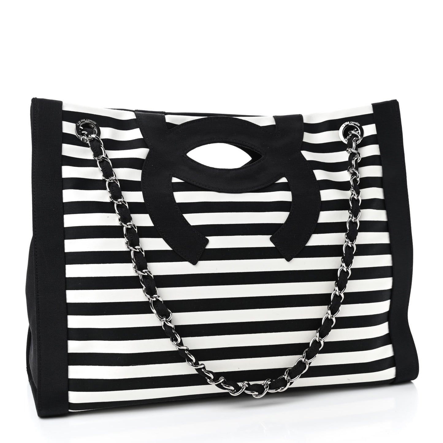 Striped Canvas CC Shopping Tote Black White