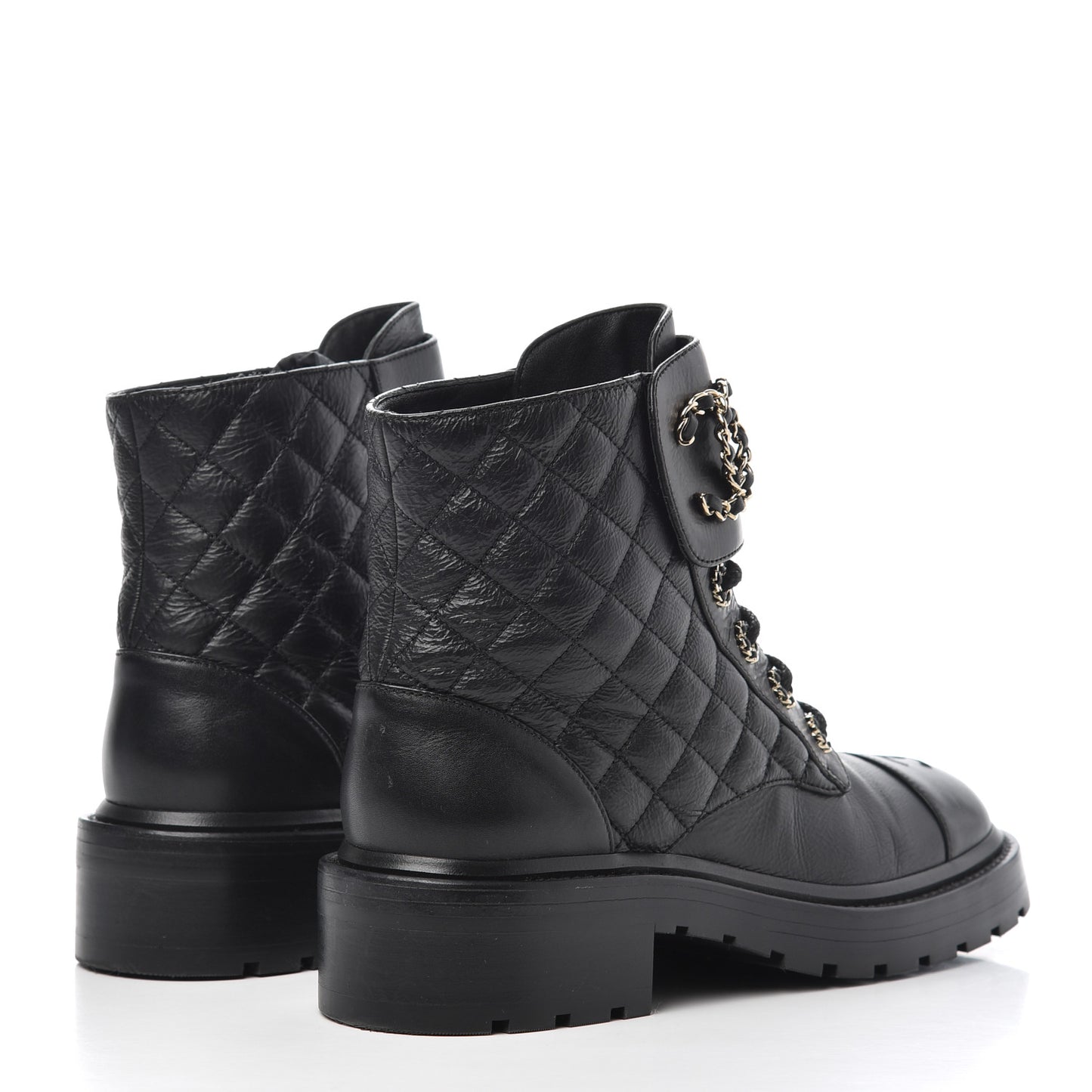 Shiny Goatskin Calfskin Quilted Lace Up Combat Boots 38 Black