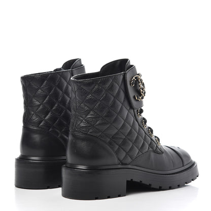 Chanel Shiny Goatskin Calfskin Quilted Lace Up Combat Boots 38 Black 4 of 17