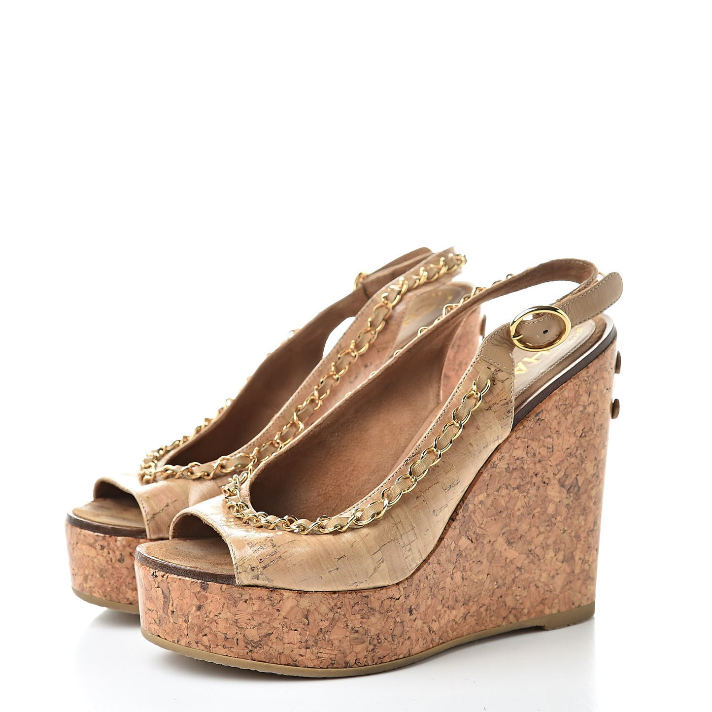 Cork Chain CC Wedge Sandals 36.5 Beige Clair
