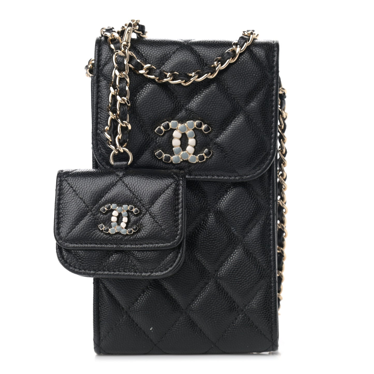 Caviar Quilted Crystal CC Airpods Pro and Phone Case With Chain Black