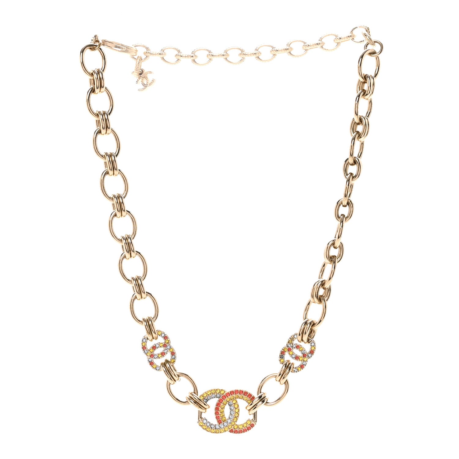 ♡ＣHANEL♡ Chanel Crystal Chain CC Choker Necklace Gold Multicolor 1854434