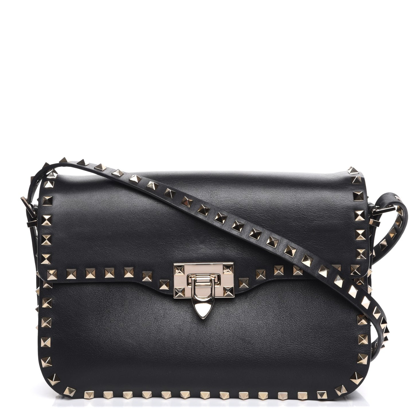 Vitello Medium Rockstud Flap Saddle Bag Black
