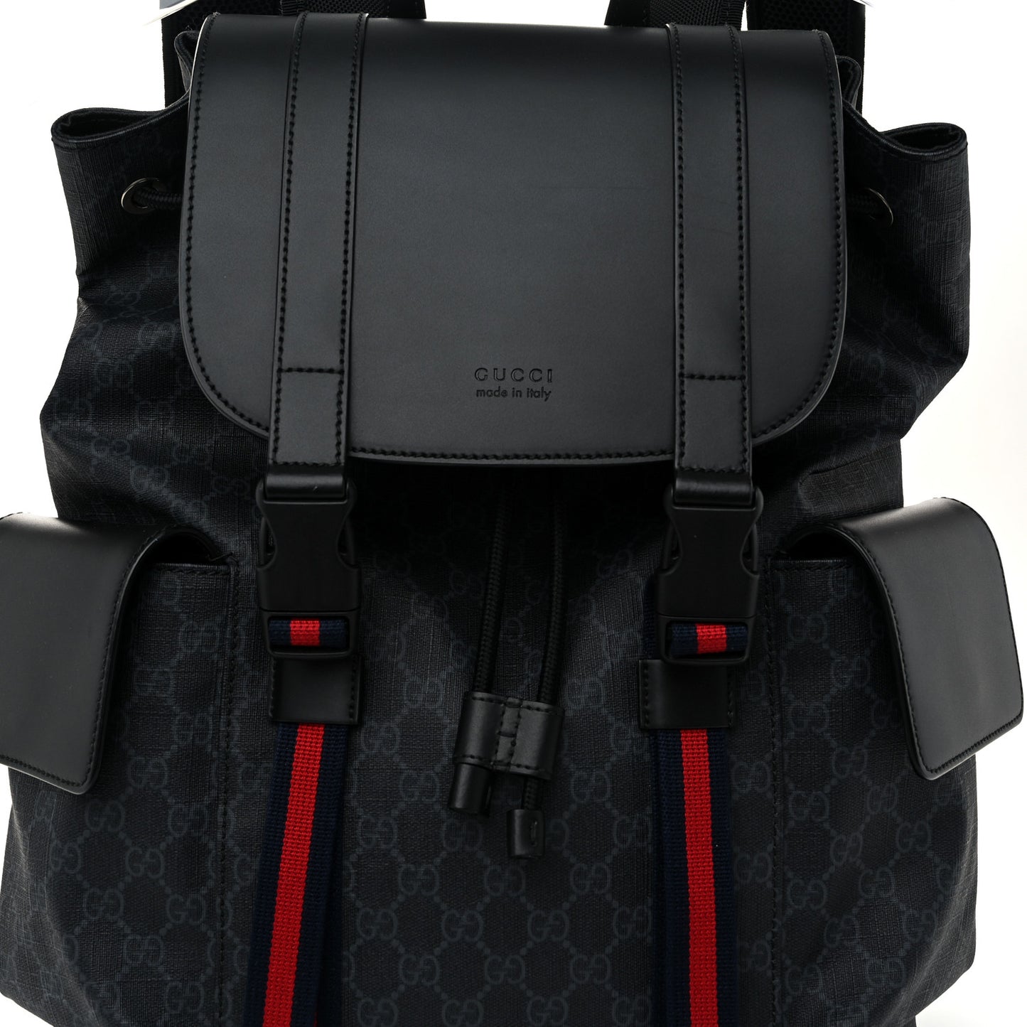 Soft GG Supreme Monogram Calfskin Web Double Buckle Backpack Black