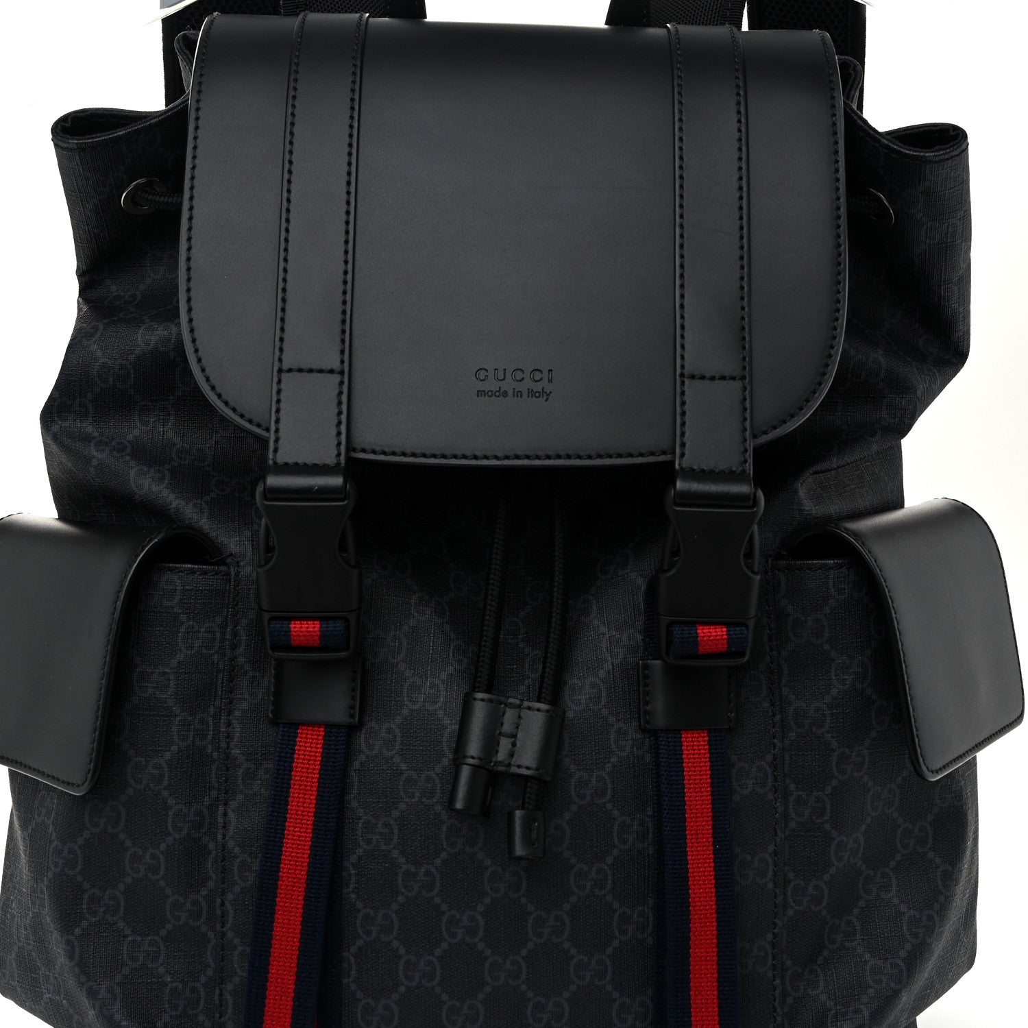 Gucci Soft GG Supreme Monogram Calfskin Web Double Buckle Backpack Black 7 of 10