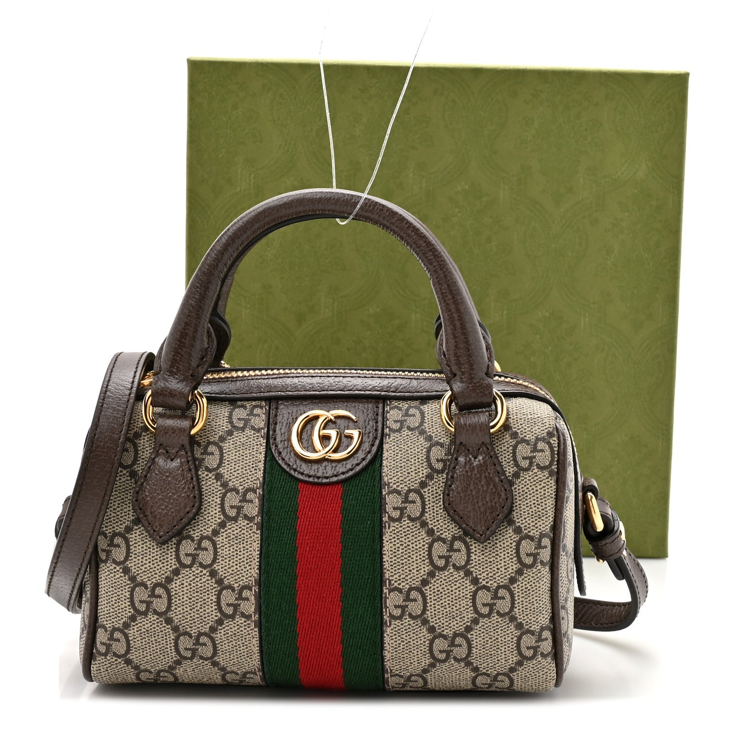 GG Supreme Monogram Textured Dollar Calfskin Web Super Mini Ophidia Top Handle Bowler Bag Beige Ebony New Acero