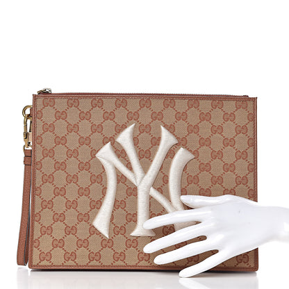 Gucci X MLB GG Monogram NY Yankees Zip Wristlet Pouch Beige Ruggine Ivory 2 of 8