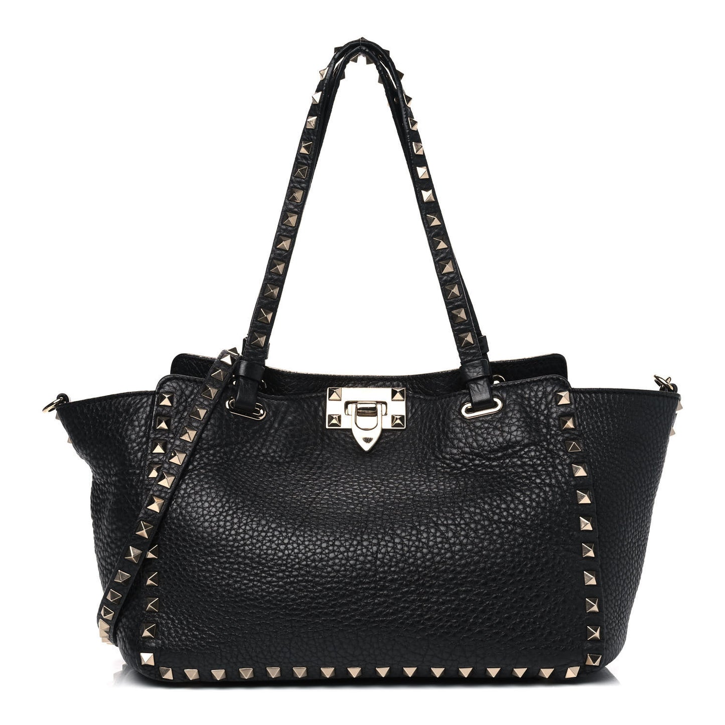 Grained Calfskin Small Rockstud Tote Black